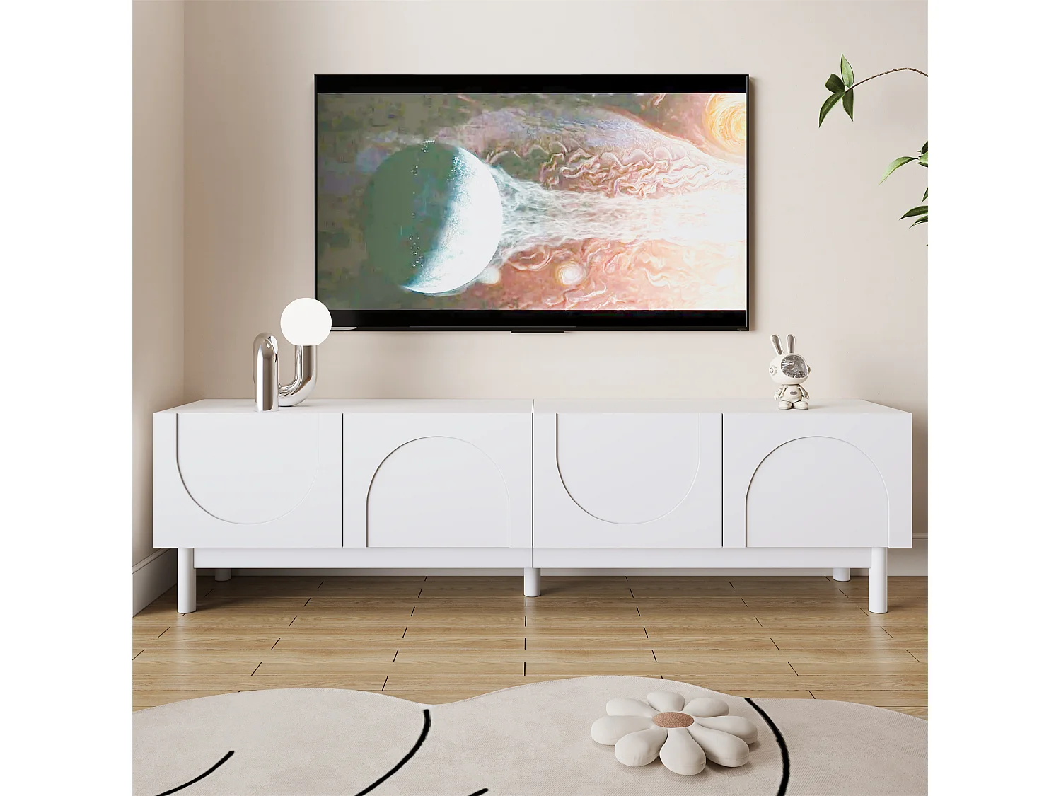 Low TV stand with 4 curved, wave-shaped doors - 169 x 34 x 45 cm - MDF + particleboard - white