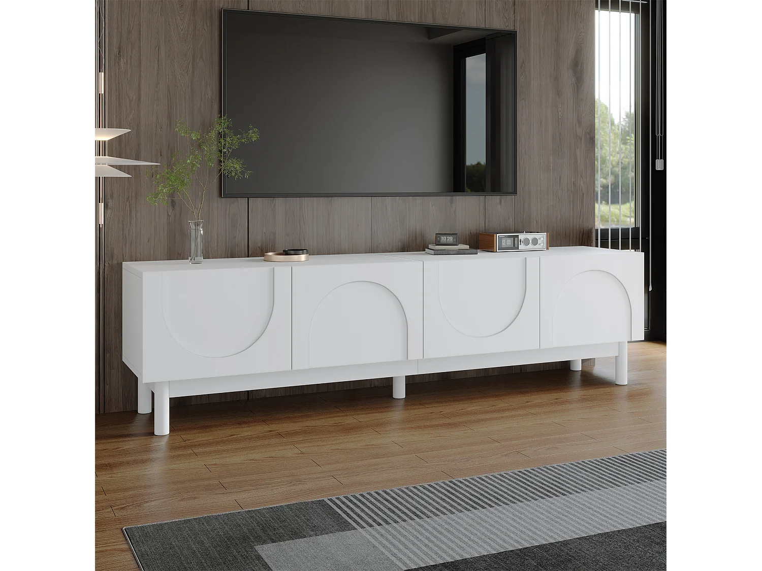 Low TV stand with 4 curved, wave-shaped doors - 169 x 34 x 45 cm - MDF + particleboard - white