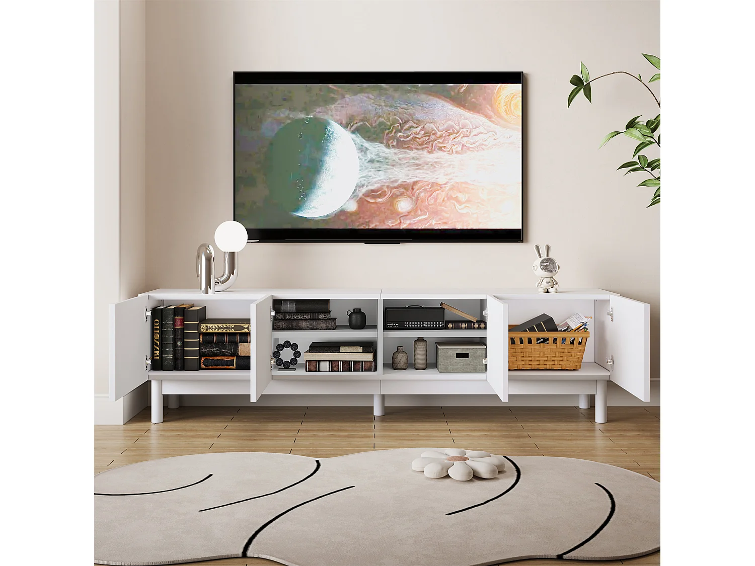 Low TV stand with 4 curved, wave-shaped doors - 169 x 34 x 45 cm - MDF + particleboard - white