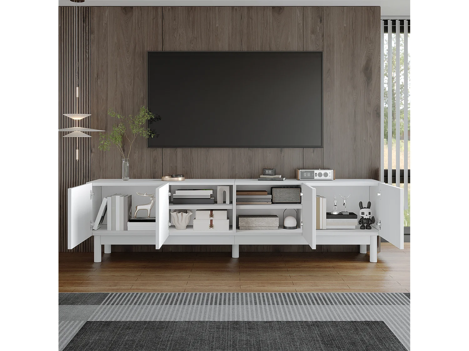 Low TV stand with 4 curved, wave-shaped doors - 169 x 34 x 45 cm - MDF + particleboard - white