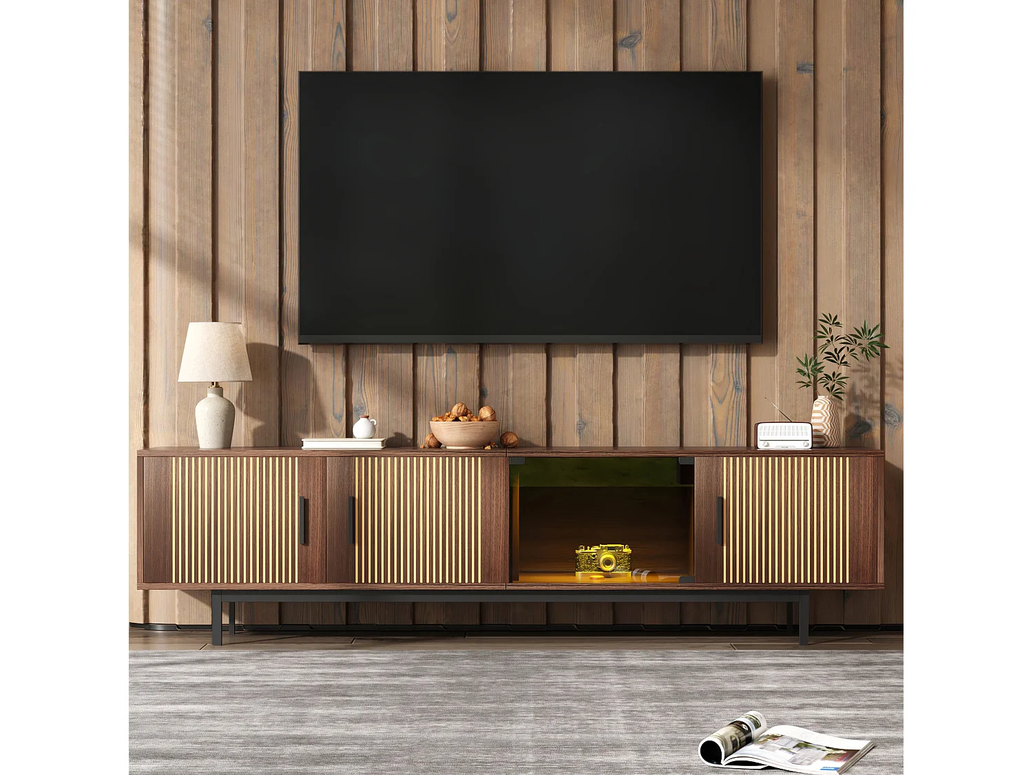 TV stand with 3 wooden doors and 1 glass door - 200 x 35 x 53 cm - LEDs - MDF and particleboard - Black and walnut