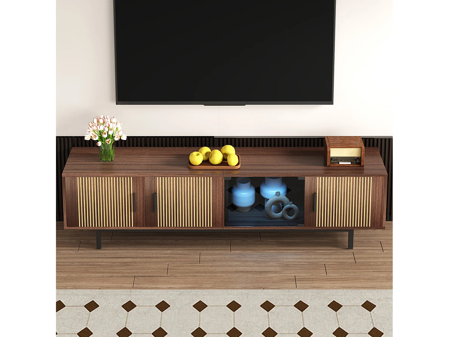 TV stand with 3 wooden doors and 1 glass door - 200 x 35 x 53 cm - LEDs - MDF and particleboard - Black and walnut