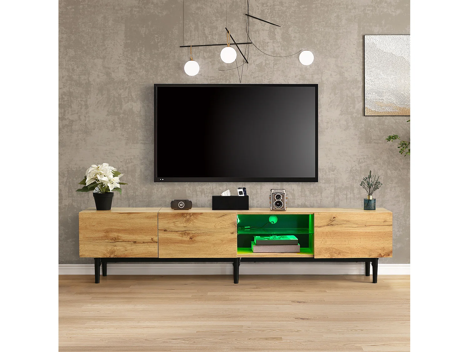 175cm TV unit - 3 doors and glass shelf - LEDs - MDF wood - natural color
