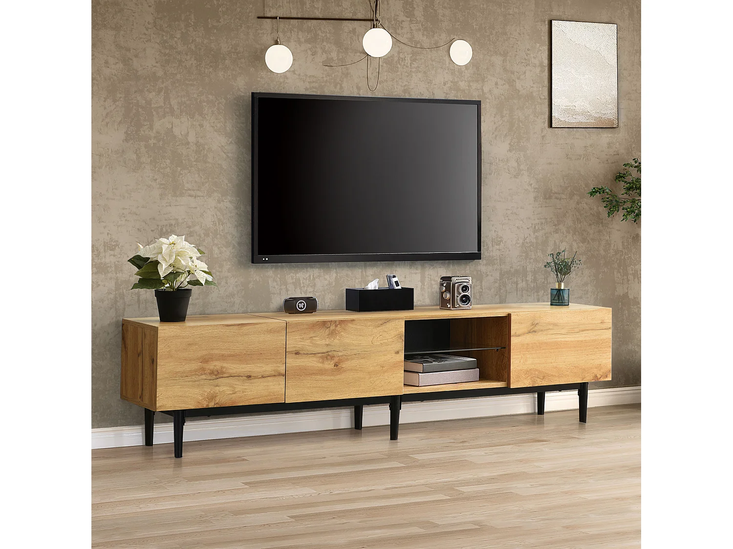 175cm TV unit - 3 doors and glass shelf - LEDs - MDF wood - natural color
