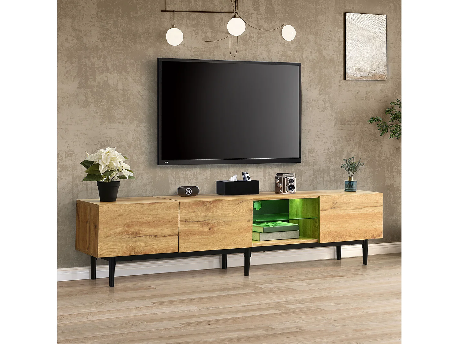 175cm TV unit - 3 doors and glass shelf - LEDs - MDF wood - natural color
