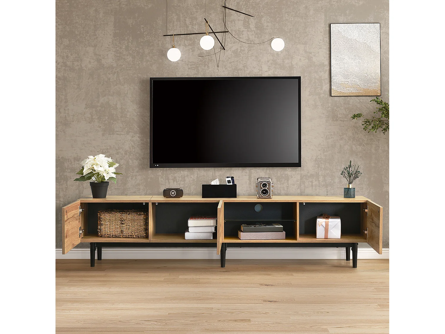 175cm TV unit - 3 doors and glass shelf - LEDs - MDF wood - natural color