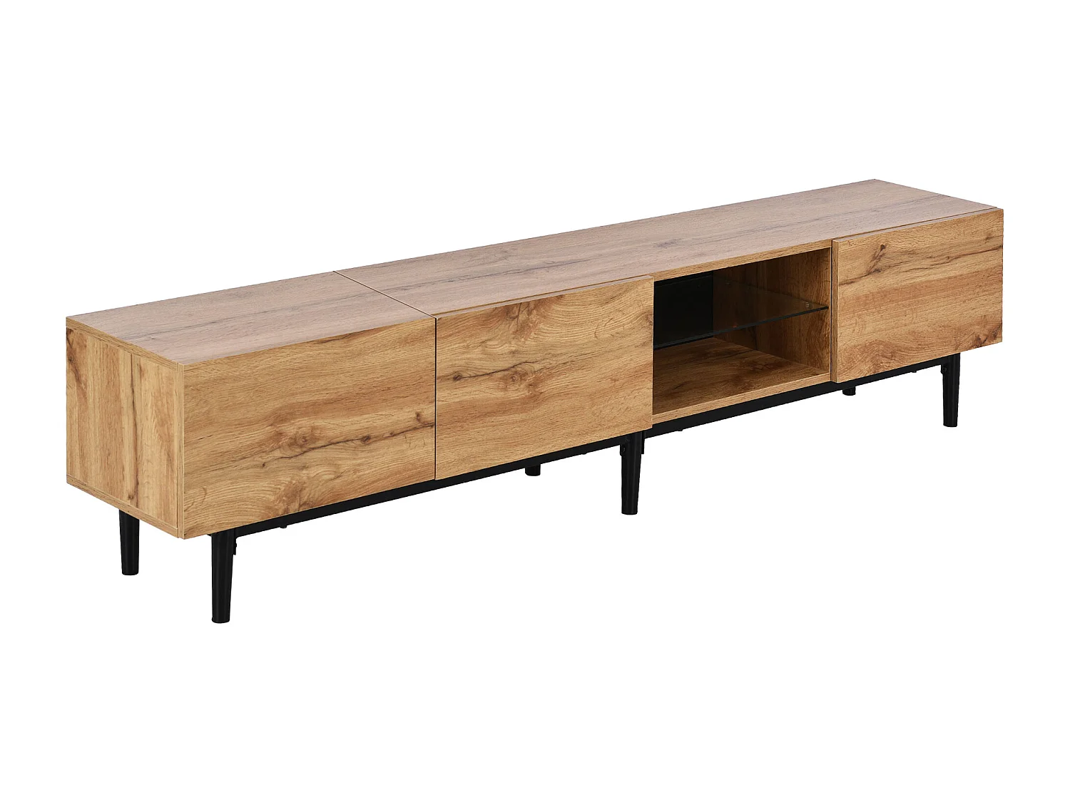 175cm TV unit - 3 doors and glass shelf - LEDs - MDF wood - natural color