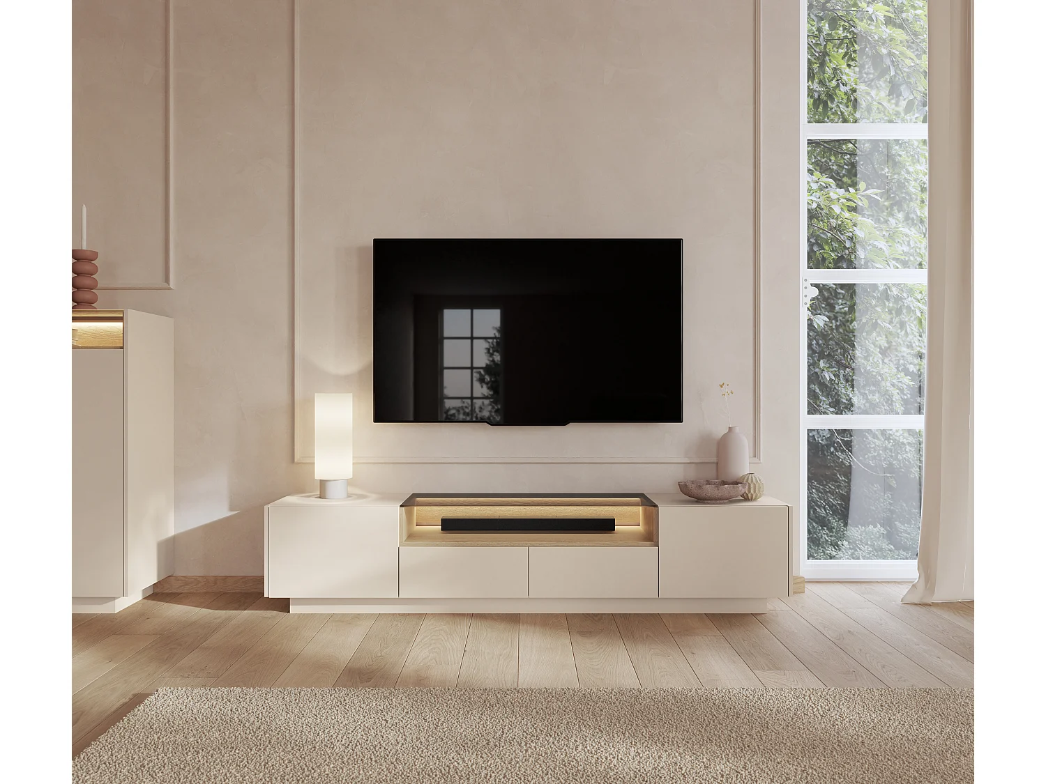 TV-Schrank, beige + cremona Eiche, 203 x 43,4 x 39,5 cm