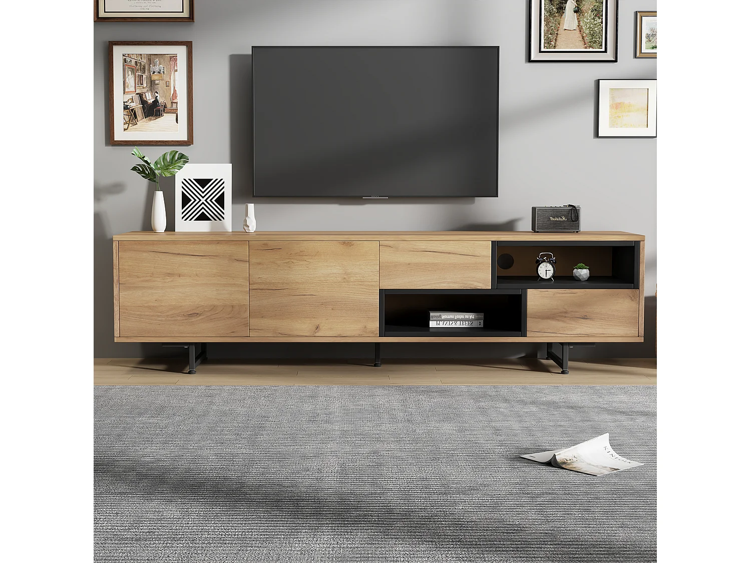 TV stand with 2 doors and 2 drawers - 173 x 38 x 48 cm - Particleboard - for dining room - Wood color