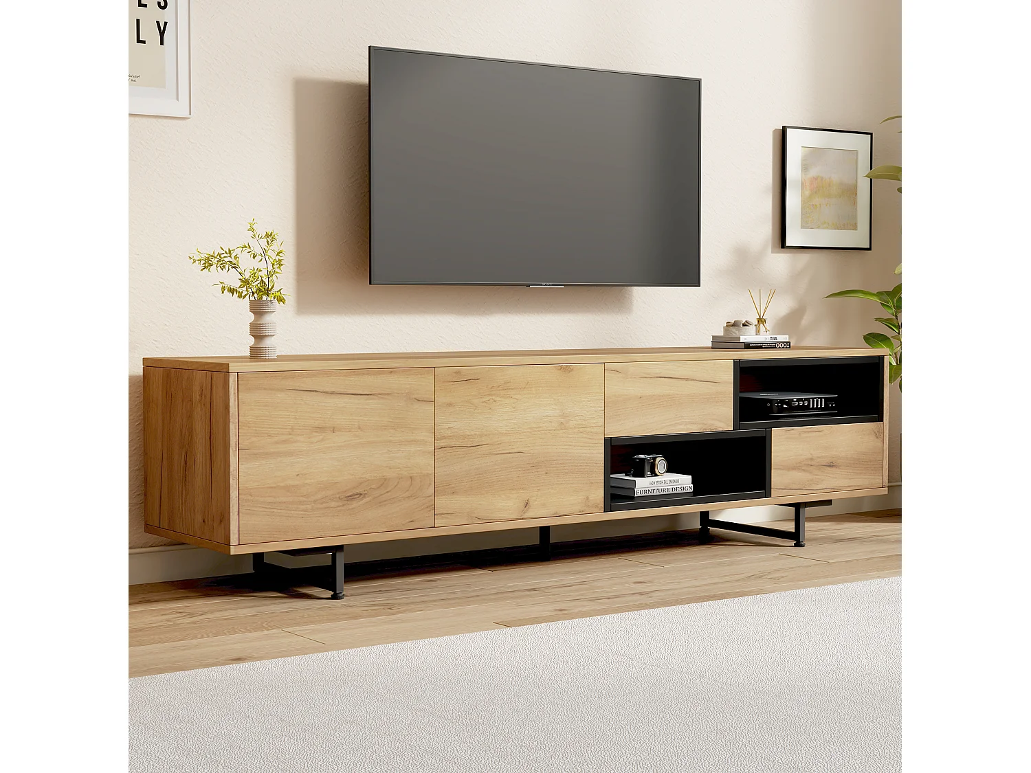TV stand with 2 doors and 2 drawers - 173 x 38 x 48 cm - Particleboard - for dining room - Wood color