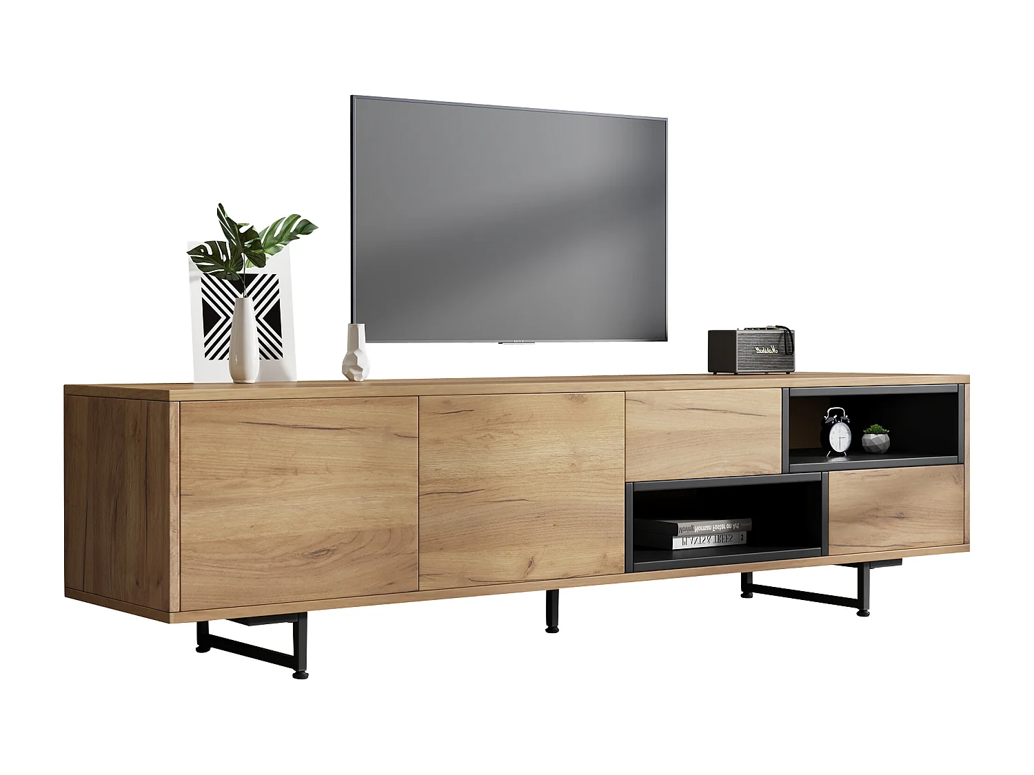TV stand with 2 doors and 2 drawers - 173 x 38 x 48 cm - Particleboard - for dining room - Wood color