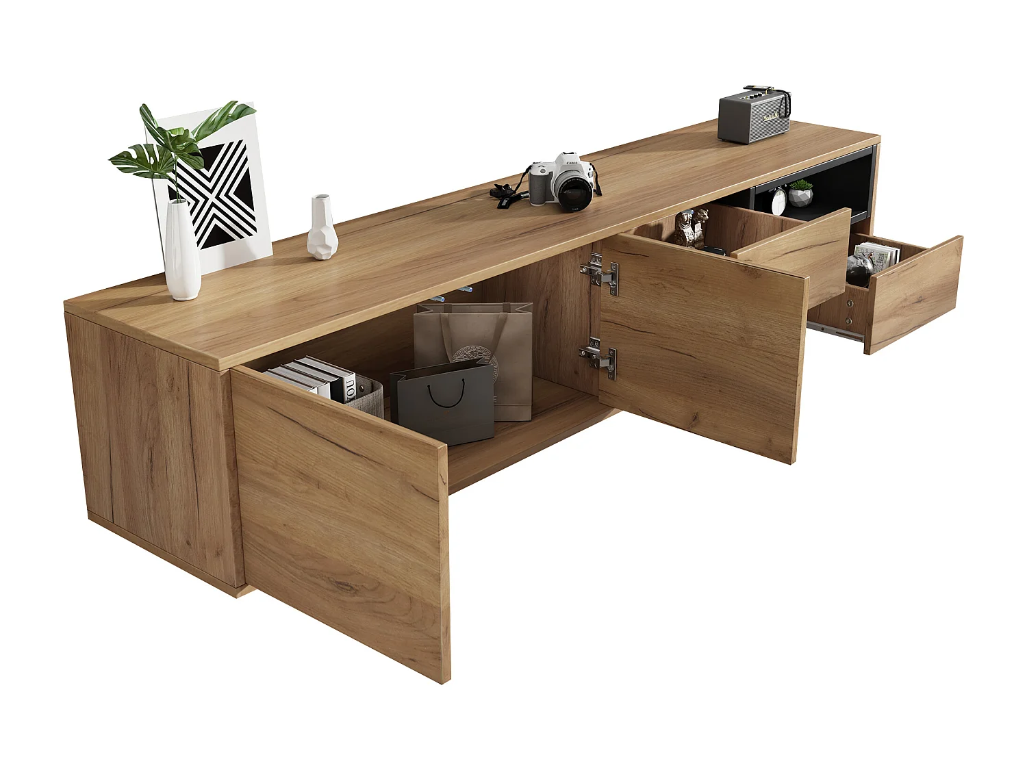 TV stand with 2 doors and 2 drawers - 173 x 38 x 48 cm - Particleboard - for dining room - Wood color
