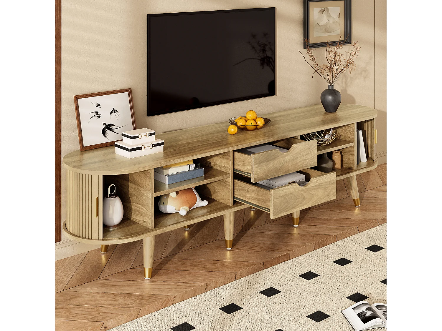 TV stand with sliding doors and 2 drawers - 175 x 38 x 45 cm - unique design - MDF - light natural