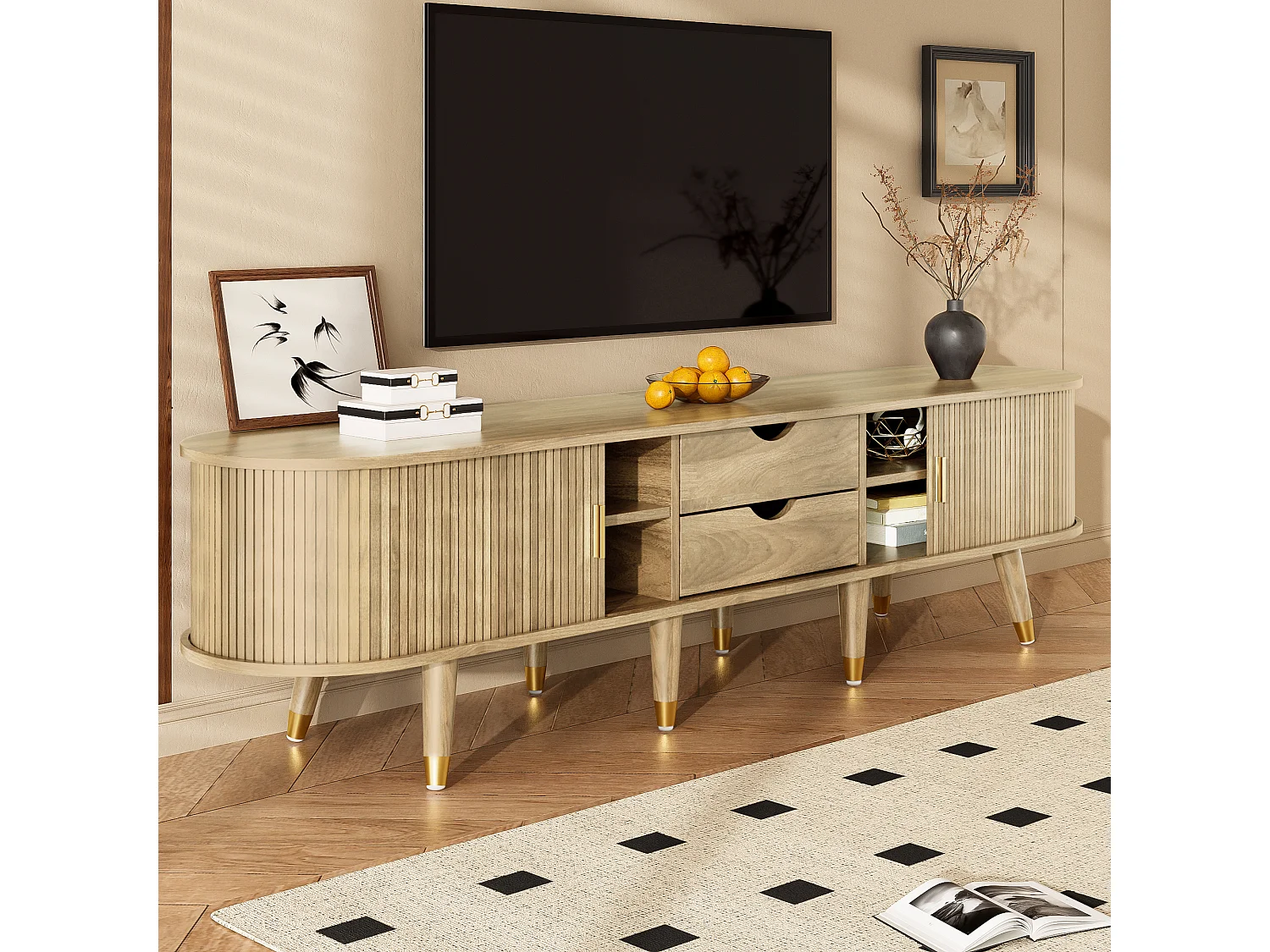 TV stand with sliding doors and 2 drawers - 175 x 38 x 45 cm - unique design - MDF - light natural