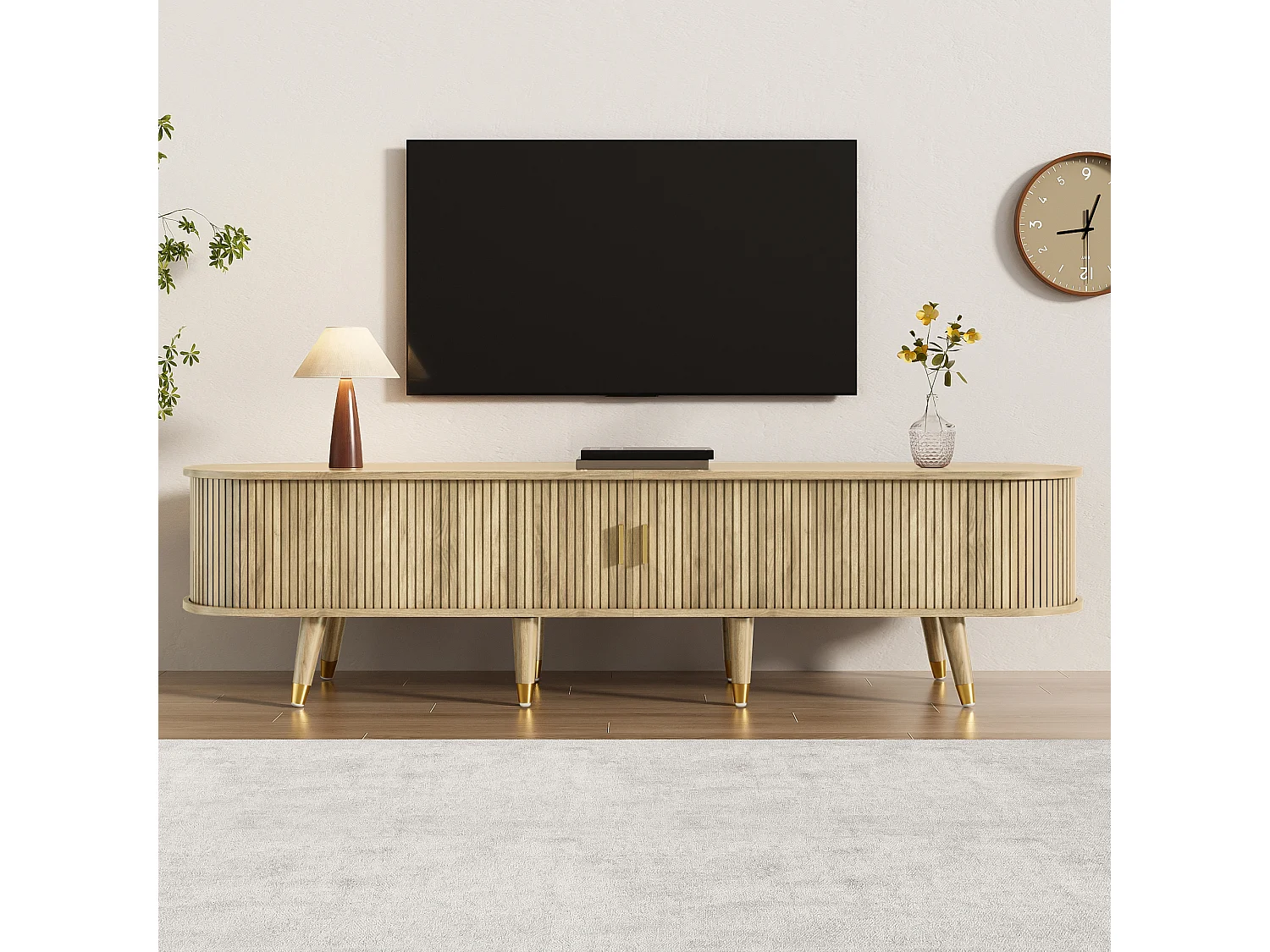 TV stand with sliding doors and 2 drawers - 175 x 38 x 45 cm - unique design - MDF - light natural
