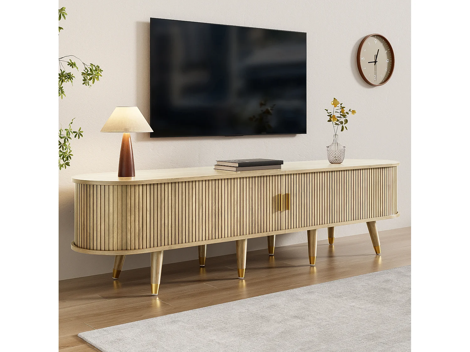 TV stand with sliding doors and 2 drawers - 175 x 38 x 45 cm - unique design - MDF - light natural