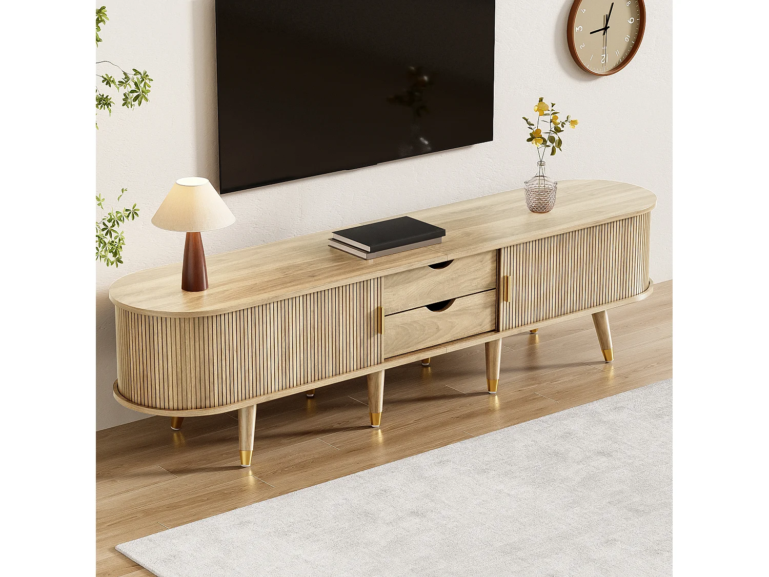 TV stand with sliding doors and 2 drawers - 175 x 38 x 45 cm - unique design - MDF - light natural