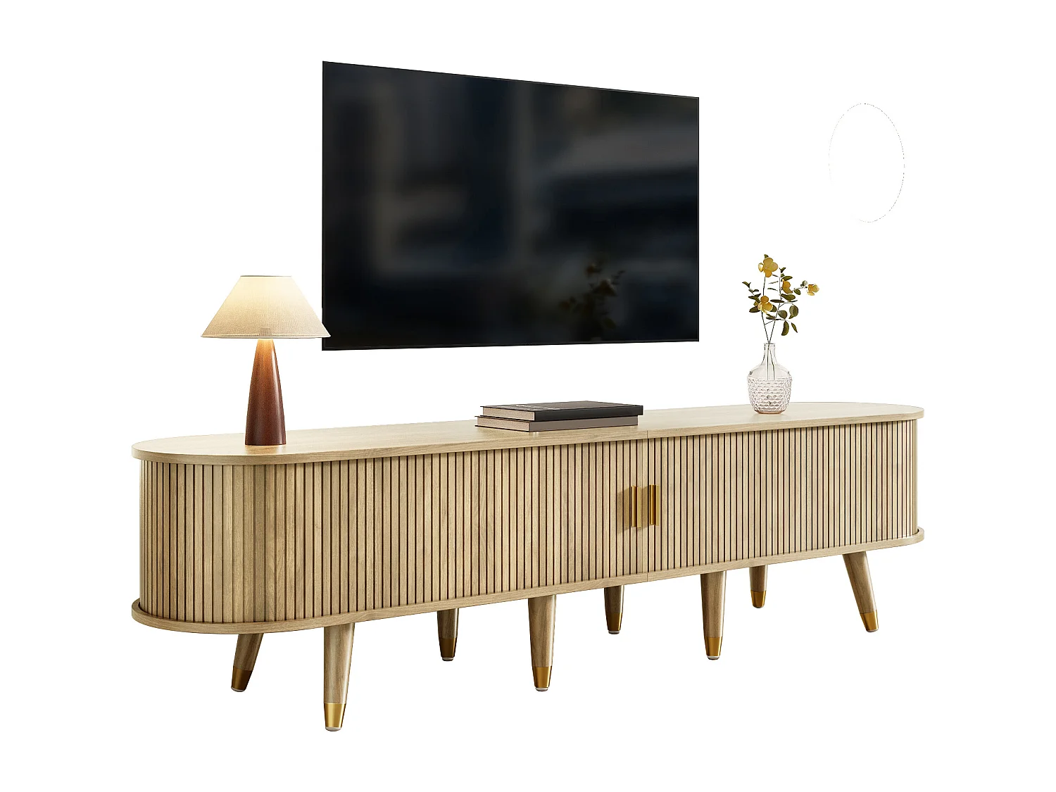 TV stand with sliding doors and 2 drawers - 175 x 38 x 45 cm - unique design - MDF - light natural