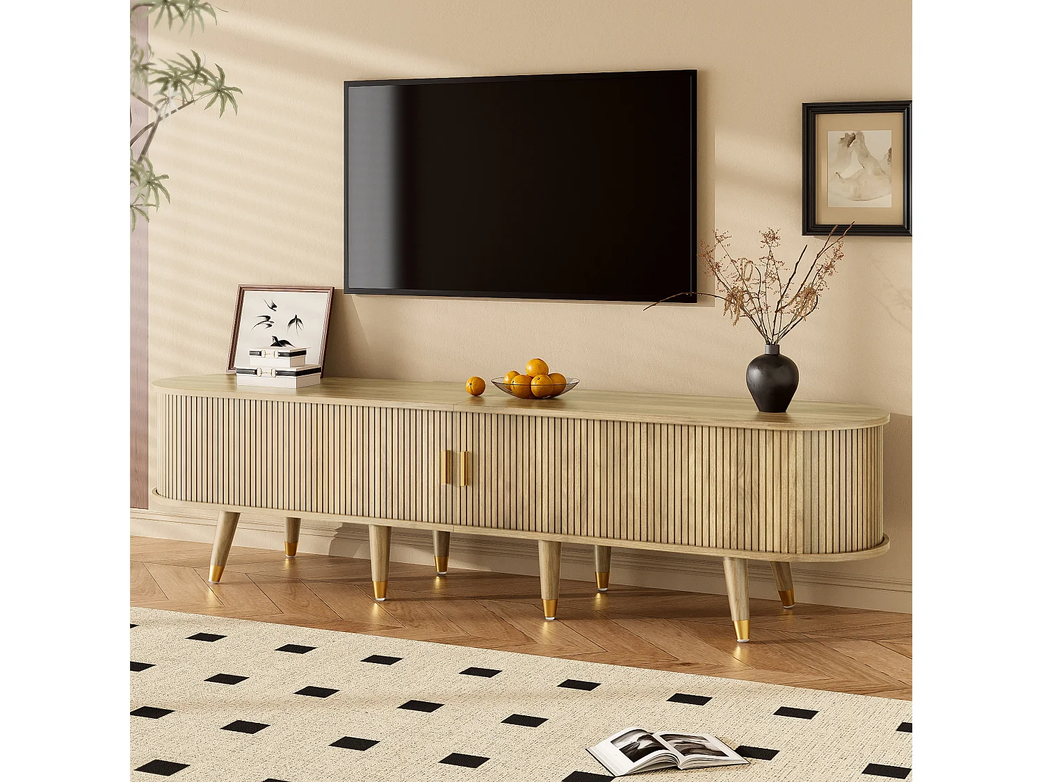 TV stand with sliding doors and 2 drawers - 175 x 38 x 45 cm - unique design - MDF - light natural