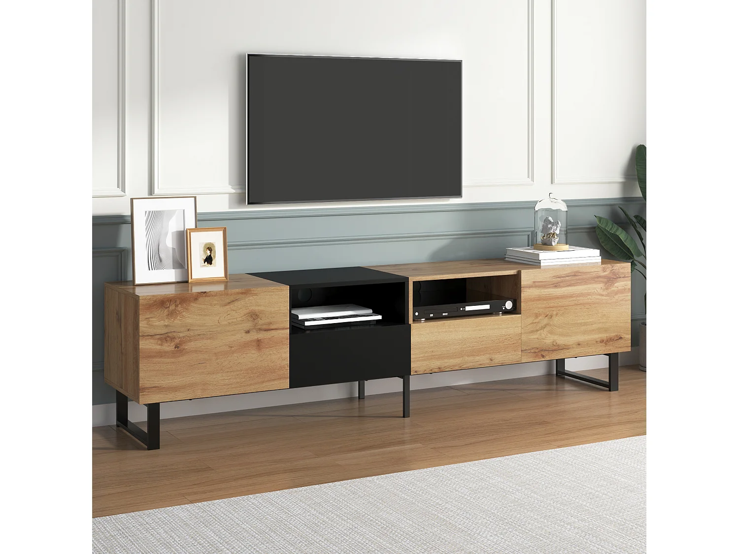 TV stand with 2 doors, 2 drawers & 2 shelves - wood look - MDF and gold-tone metal - colors: oak and black
