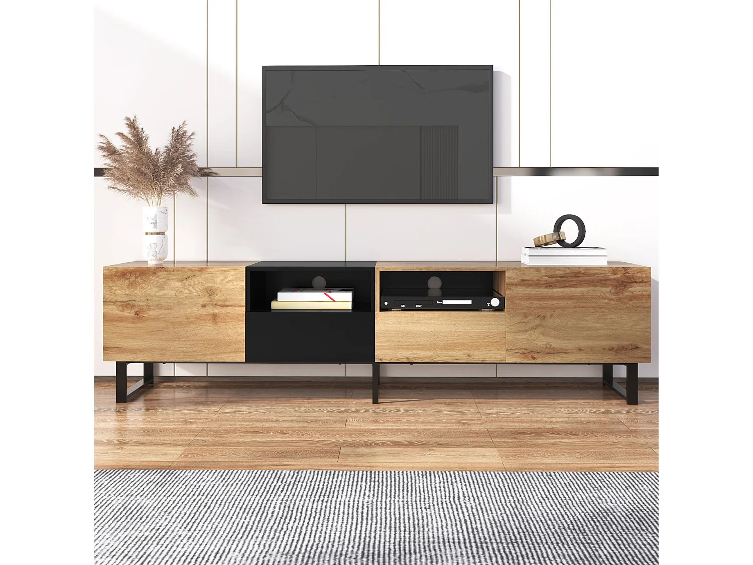 TV stand with 2 doors, 2 drawers & 2 shelves - wood look - MDF and gold-tone metal - colors: oak and black