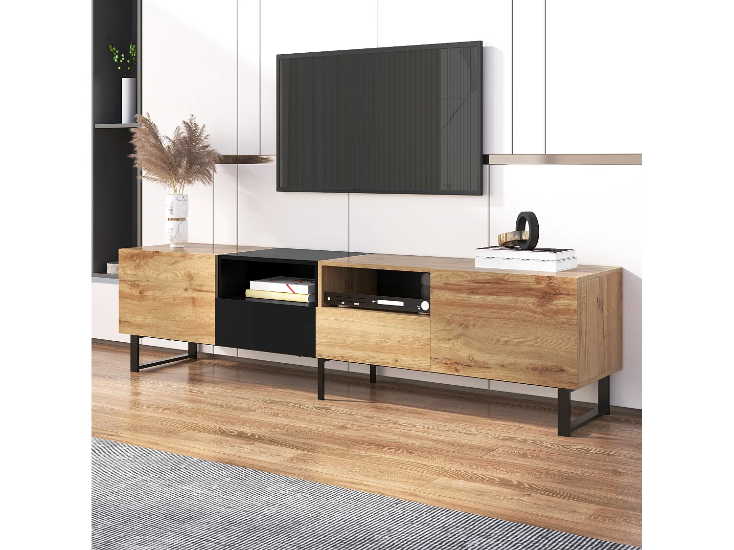 TV stand with 2 doors, 2 drawers & 2 shelves - wood look - MDF and gold-tone metal - colors: oak and black
