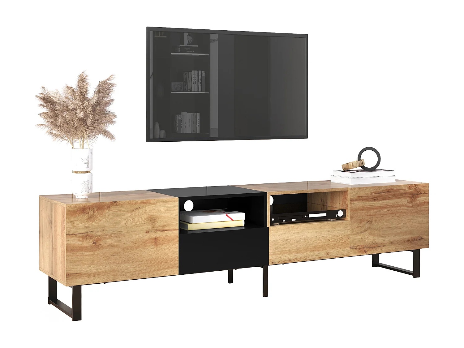 TV stand with 2 doors, 2 drawers & 2 shelves - wood look - MDF and gold-tone metal - colors: oak and black