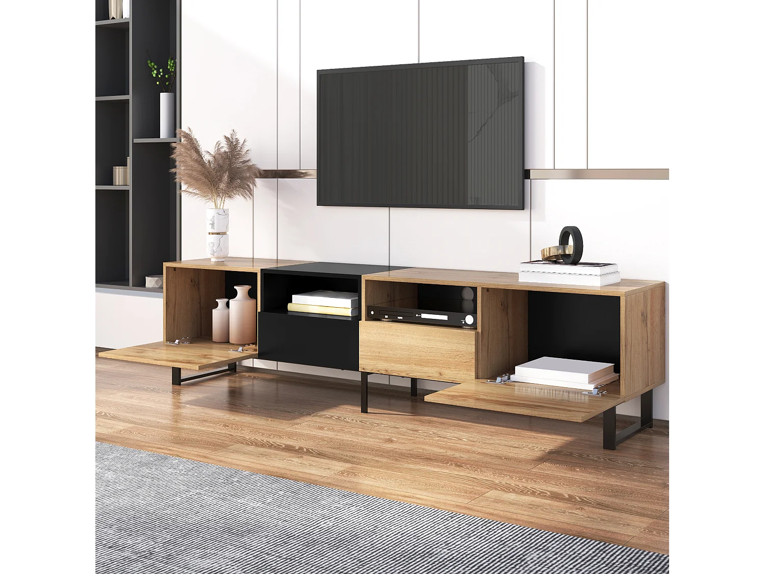 TV stand with 2 doors, 2 drawers & 2 shelves - wood look - MDF and gold-tone metal - colors: oak and black