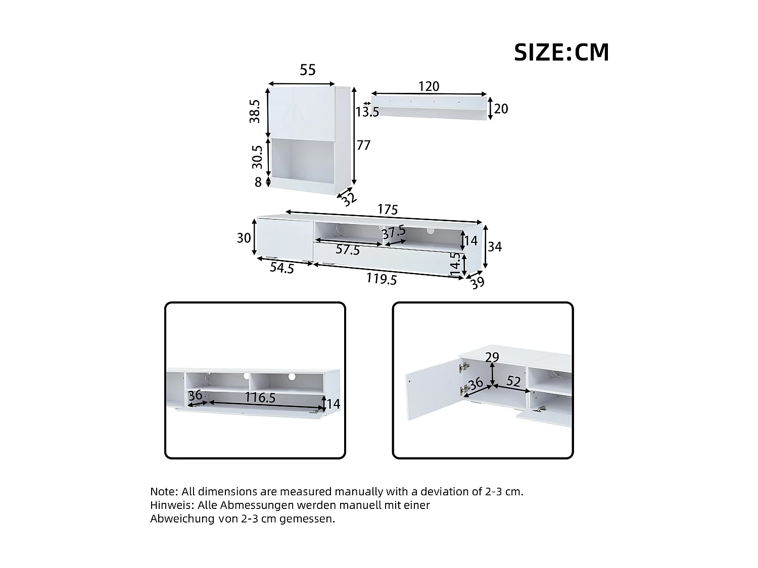 3-piece furniture set - 175 x 39 x 34 cm - TV stand + wall cabinet + wall shelf - particleboard - white