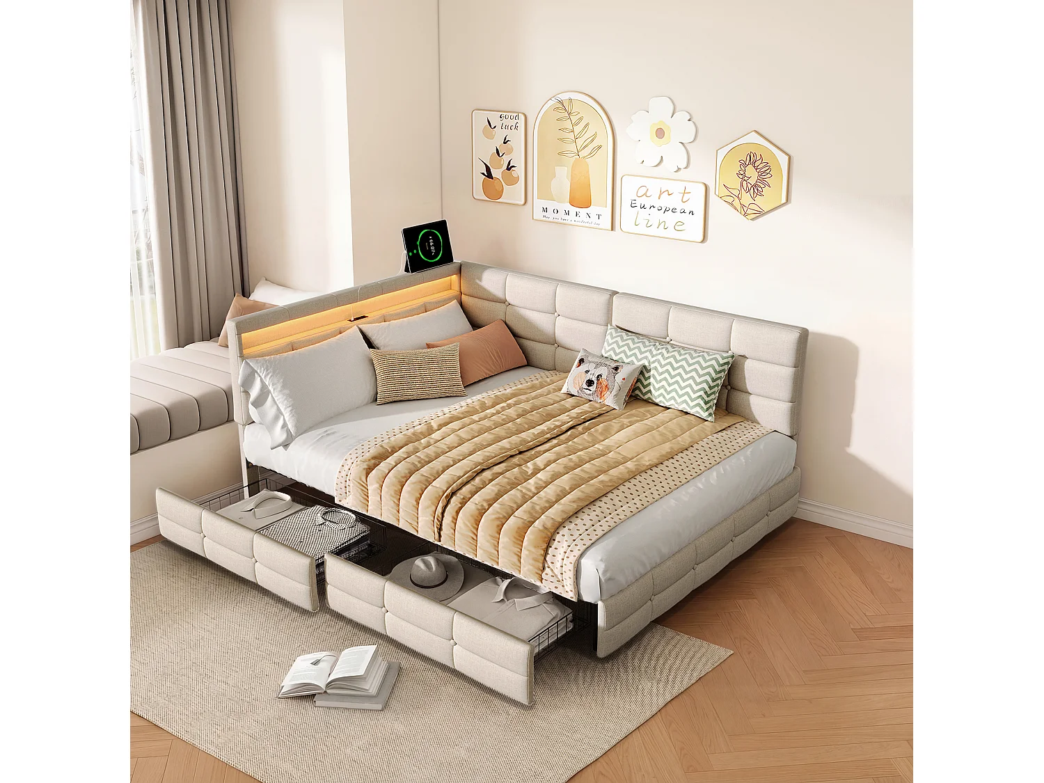 Lit double 140 x 200 cm avec éclairage LED et ports USB - 2 tiroirs - lin - beige
