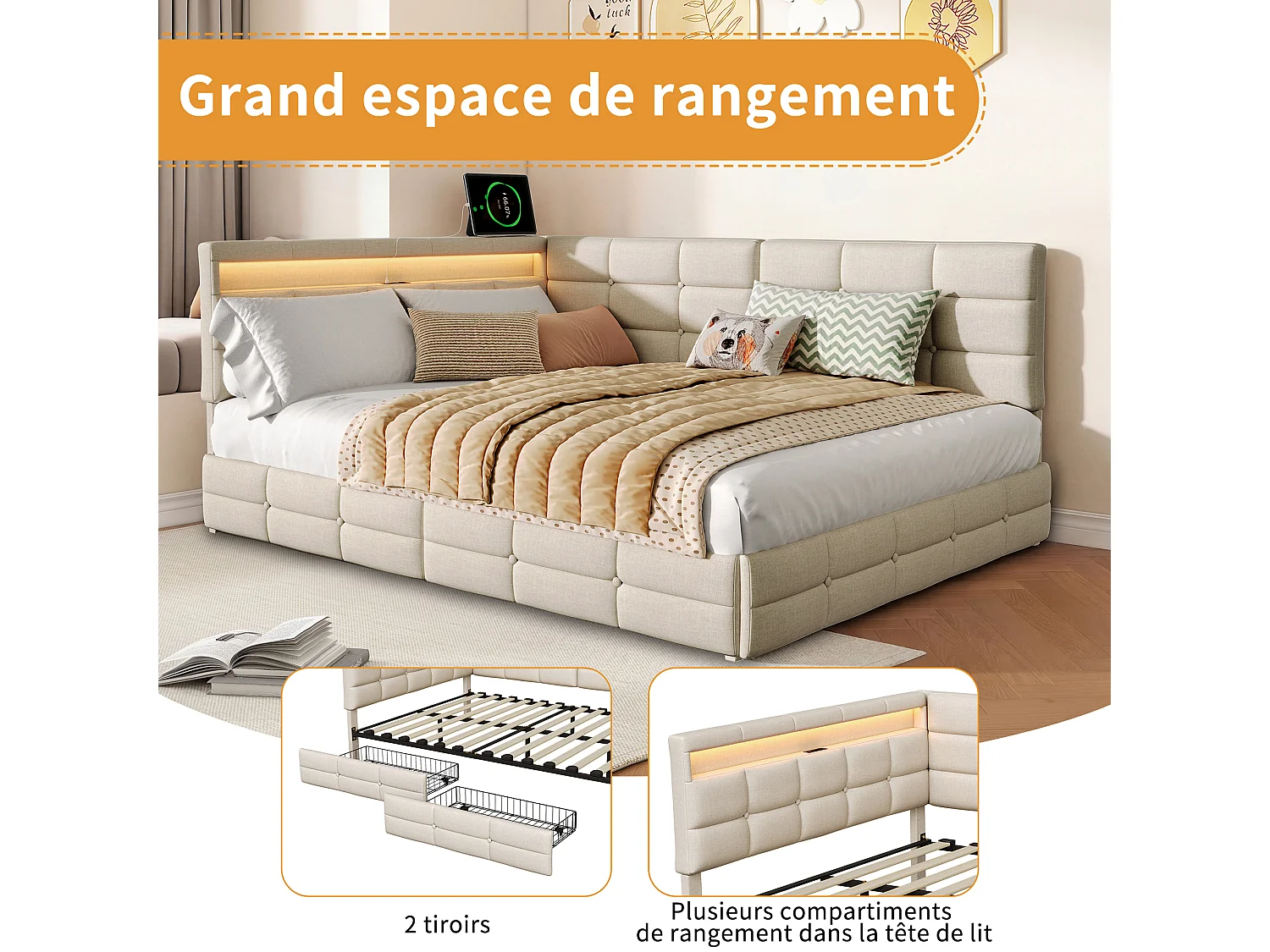 Lit double 140 x 200 cm avec éclairage LED et ports USB - 2 tiroirs - lin - beige