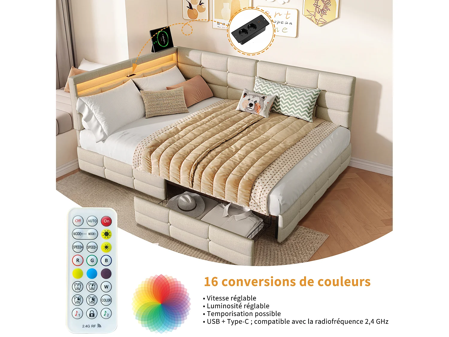Lit double 140 x 200 cm avec éclairage LED et ports USB - 2 tiroirs - lin - beige