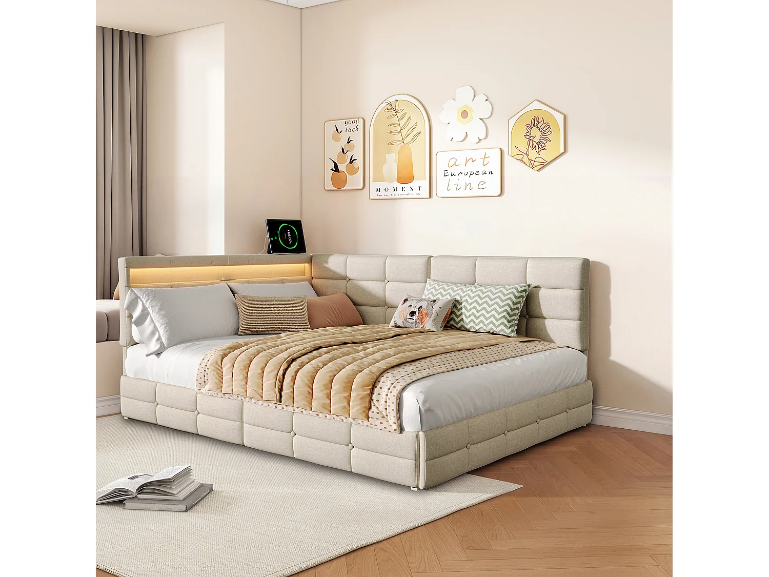 Lit double 140 x 190 cm avec éclairage LED et ports USB - 2 tiroirs - lin - beige