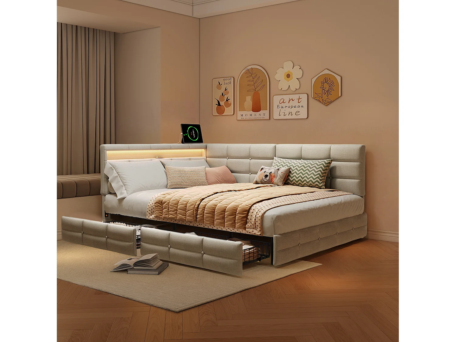 Lit double 140 x 190 cm avec éclairage LED et ports USB - 2 tiroirs - lin - beige