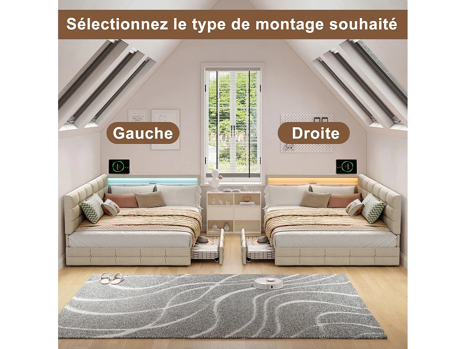 Lit double 140 x 190 cm avec éclairage LED et ports USB - 2 tiroirs - lin - beige