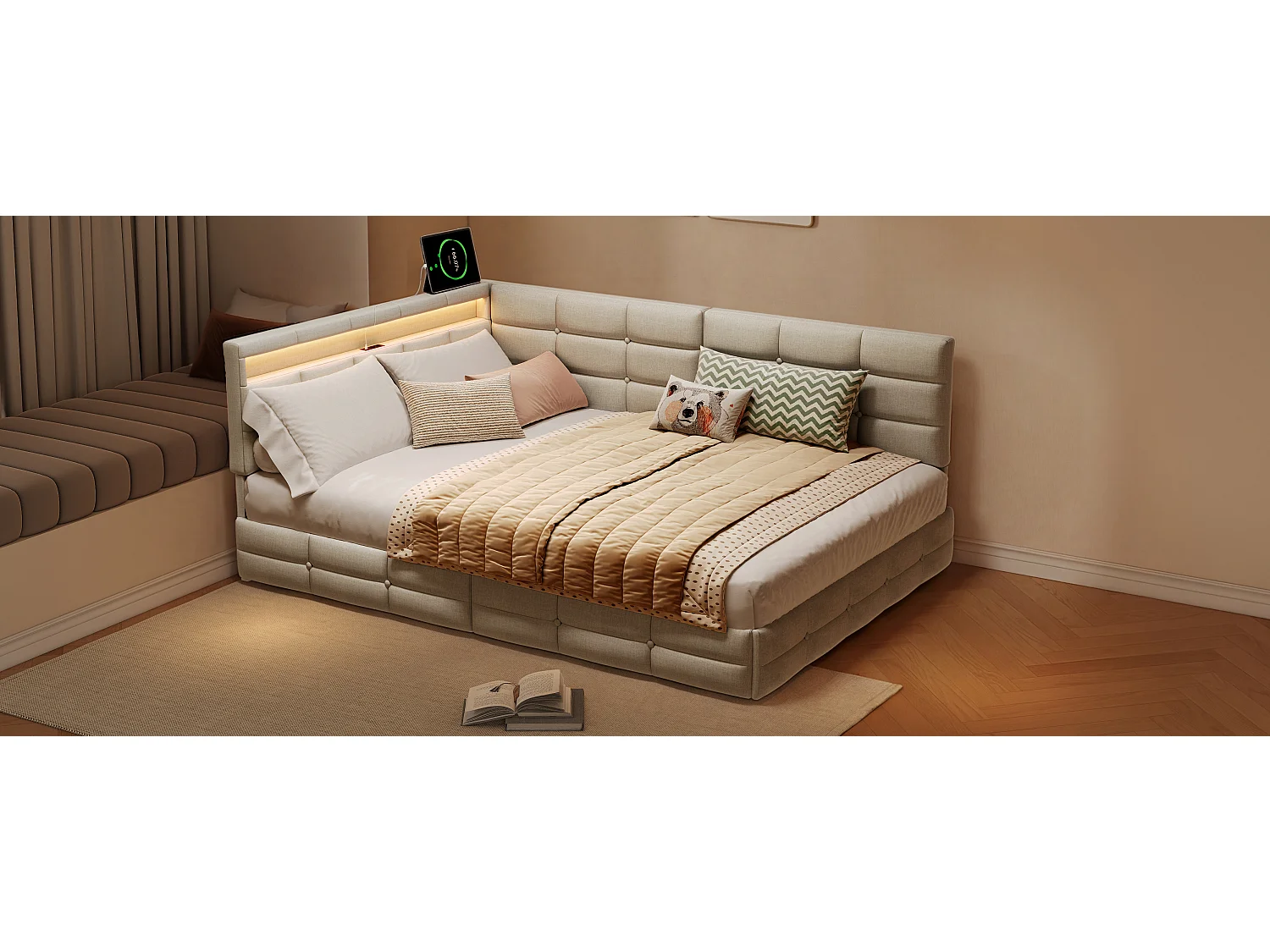 Lit double 140 x 190 cm avec éclairage LED et ports USB - 2 tiroirs - lin - beige