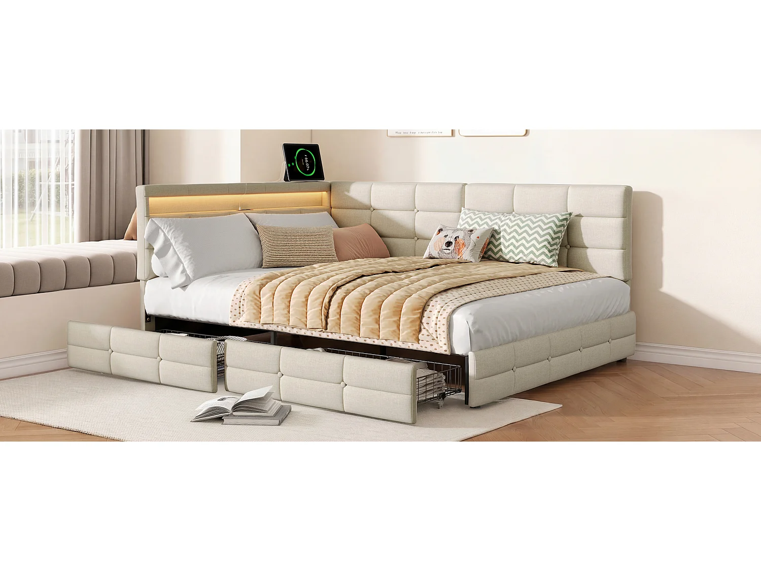 Lit double 140 x 190 cm avec éclairage LED et ports USB - 2 tiroirs - lin - beige