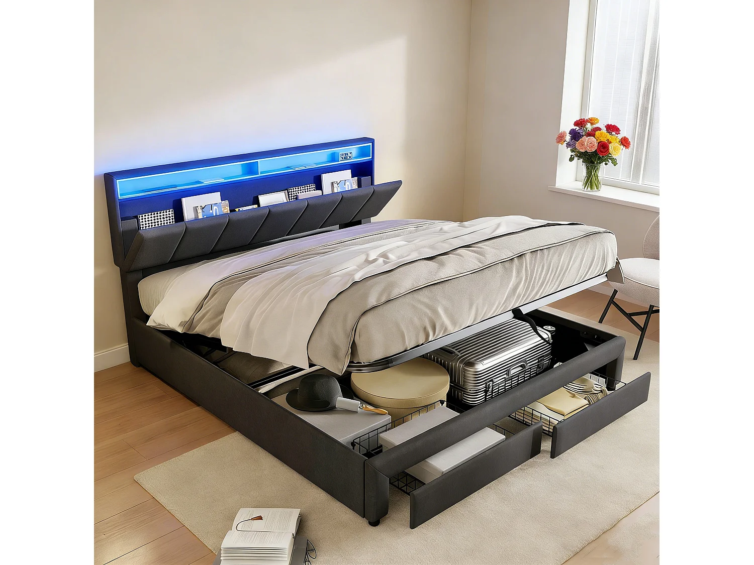 Lit coffre 180x200cm avec LED RGB 16 couleurs - 4 motifs d’éclairage - Tête de lit avec rangement - Cadre de Lit adolescent adulte double avec sommier - Gris Lin