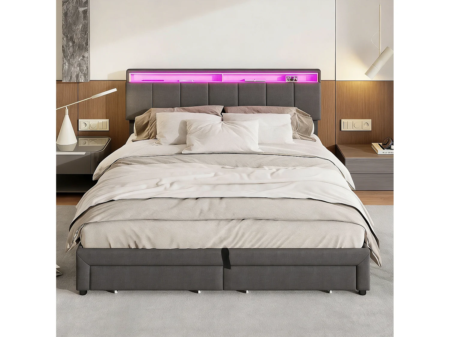 Lit coffre 180x200cm avec LED RGB 16 couleurs - 4 motifs d’éclairage - Tête de lit avec rangement - Cadre de Lit adolescent adulte double avec sommier - Gris Lin