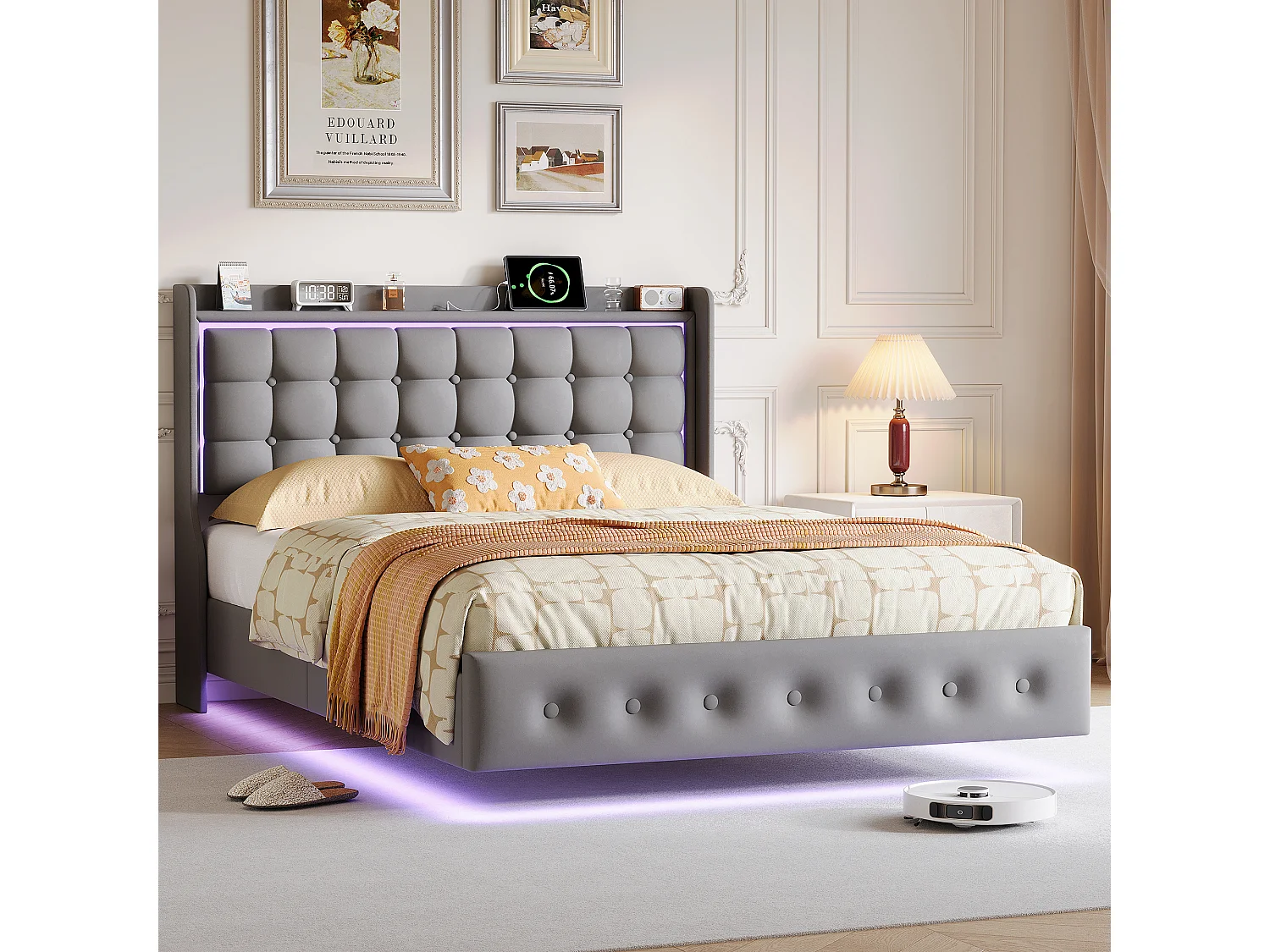 Lit double 160x200cm avec éclairage LED et ports USB - tête de lit avec étagère de rangement - velours - gris