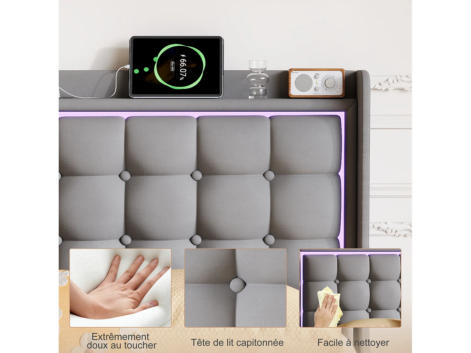 Lit double 160x200cm avec éclairage LED et ports USB - tête de lit avec étagère de rangement - velours - gris