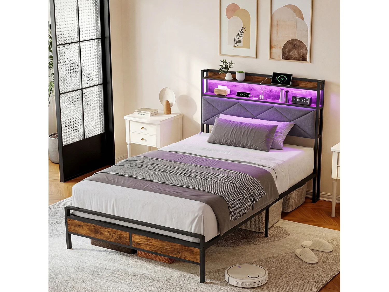 Lit 90x200cm avec éclairage LED et ports USB - tête de lit avec rangement - cadre de lit en métal - lin