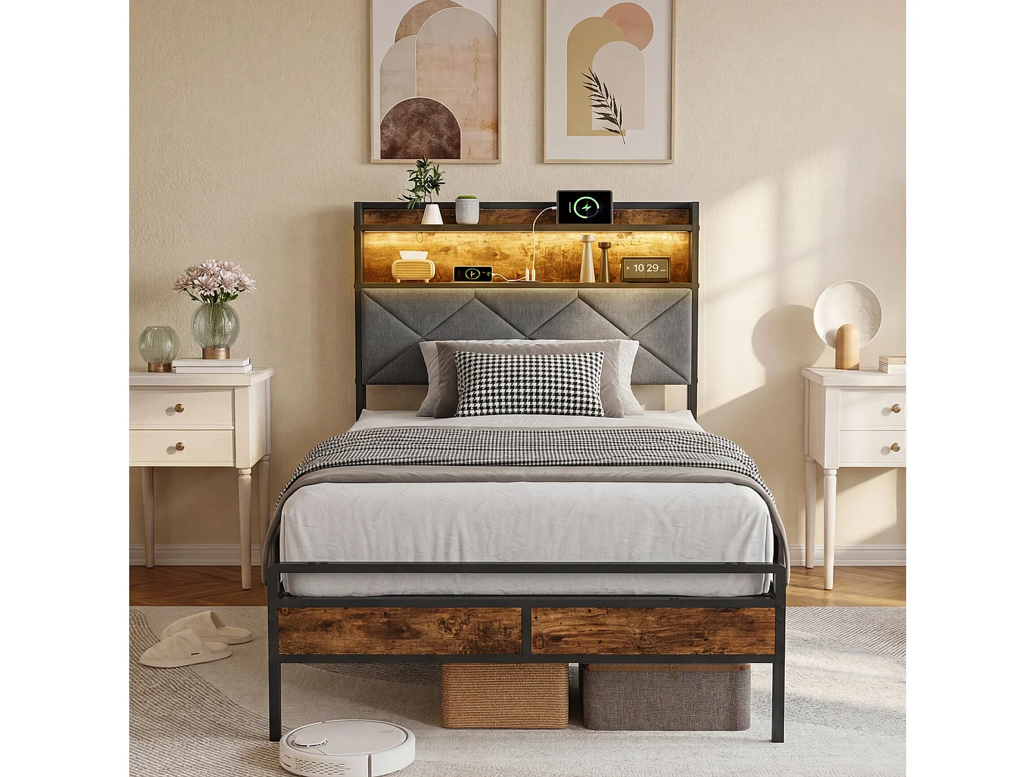 Lit 90x200cm avec éclairage LED et ports USB - tête de lit avec rangement - cadre de lit en métal - lin