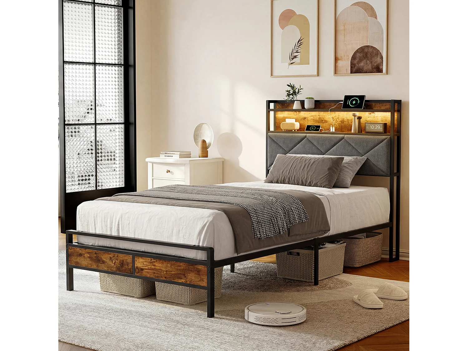 Lit 90x200cm avec éclairage LED et ports USB - tête de lit avec rangement - cadre de lit en métal - lin