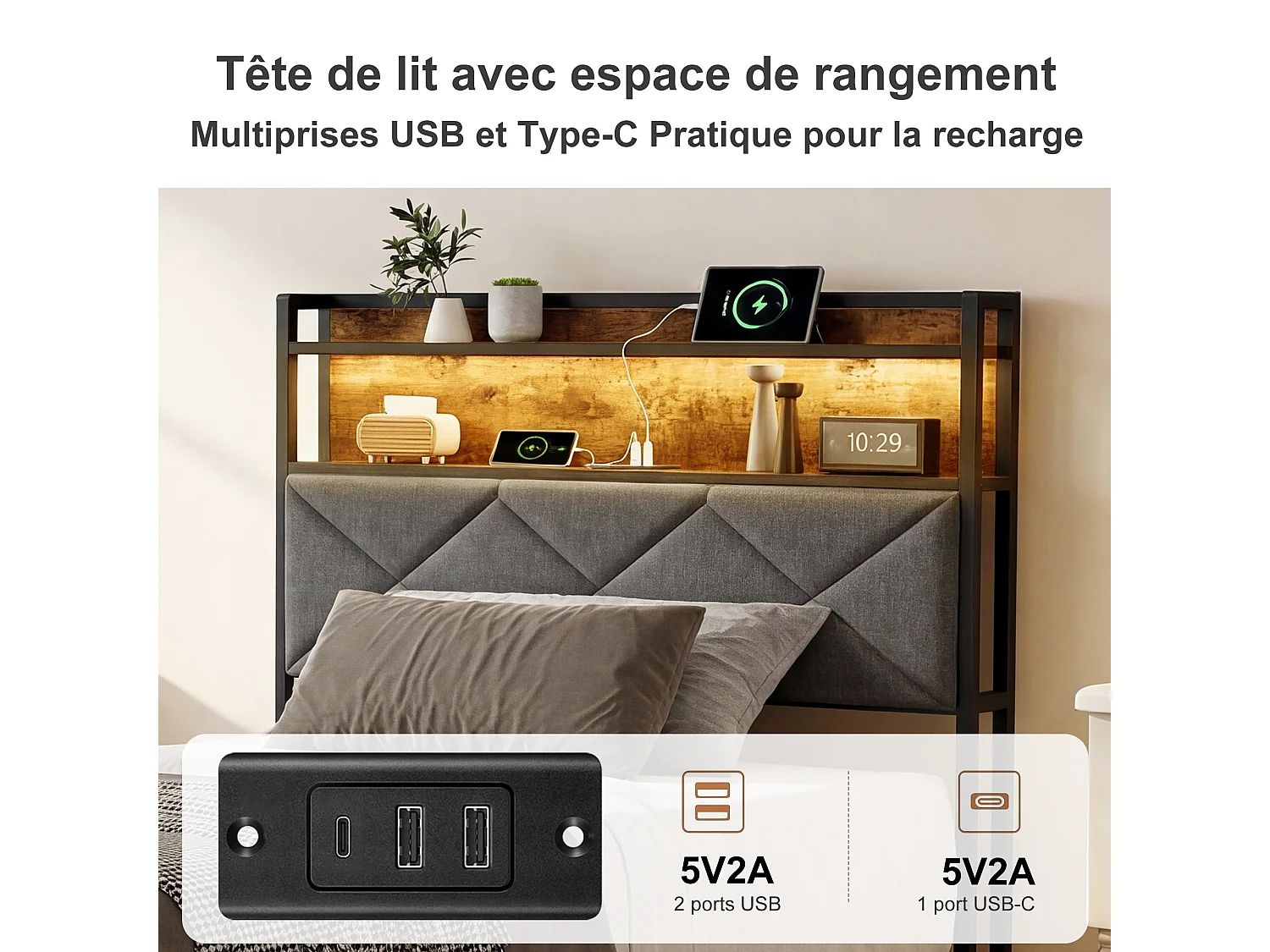 Lit 90x200cm avec éclairage LED et ports USB - tête de lit avec rangement - cadre de lit en métal - lin