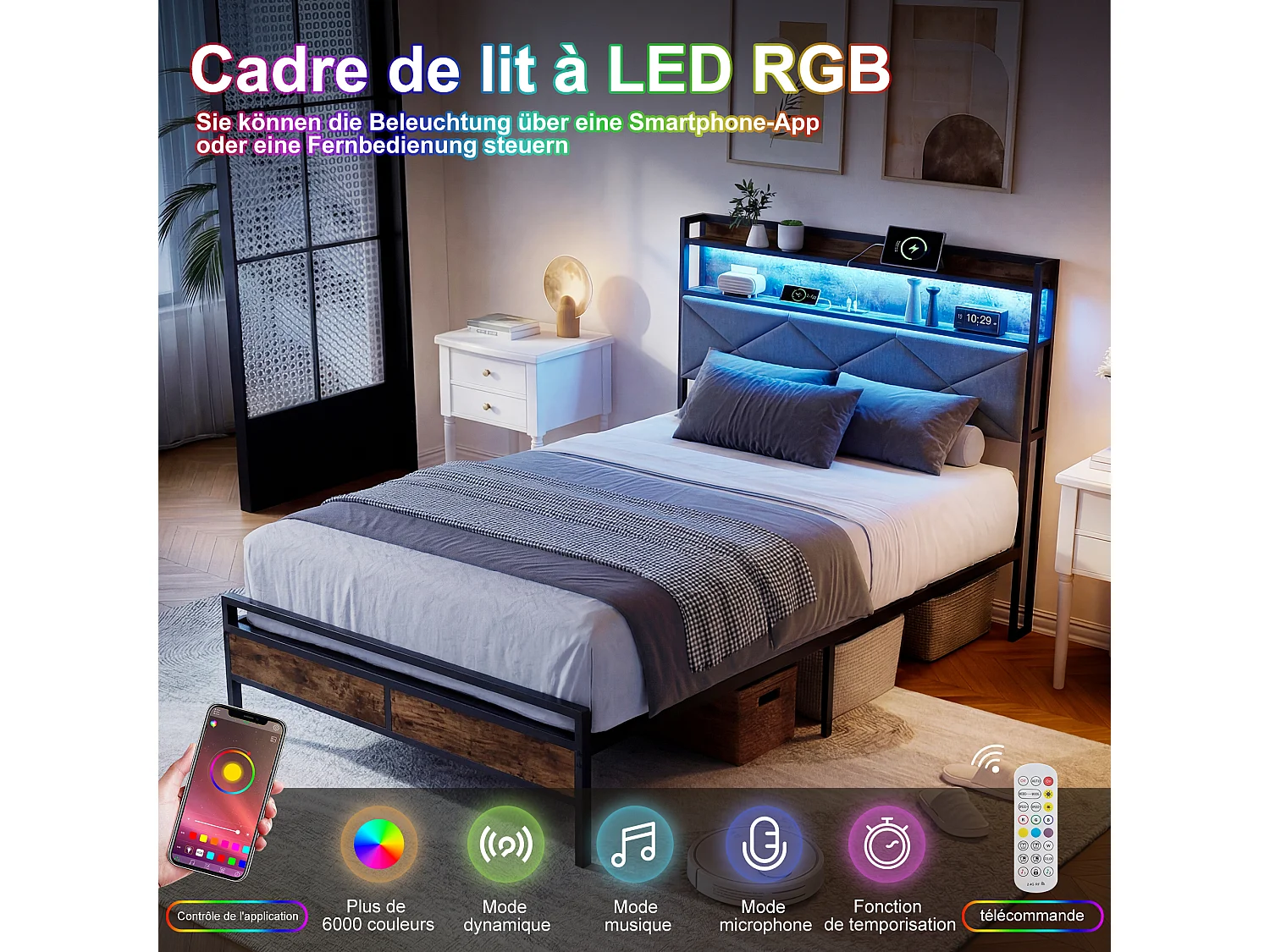 Lit 90x200cm avec éclairage LED et ports USB - tête de lit avec rangement - cadre de lit en métal - lin