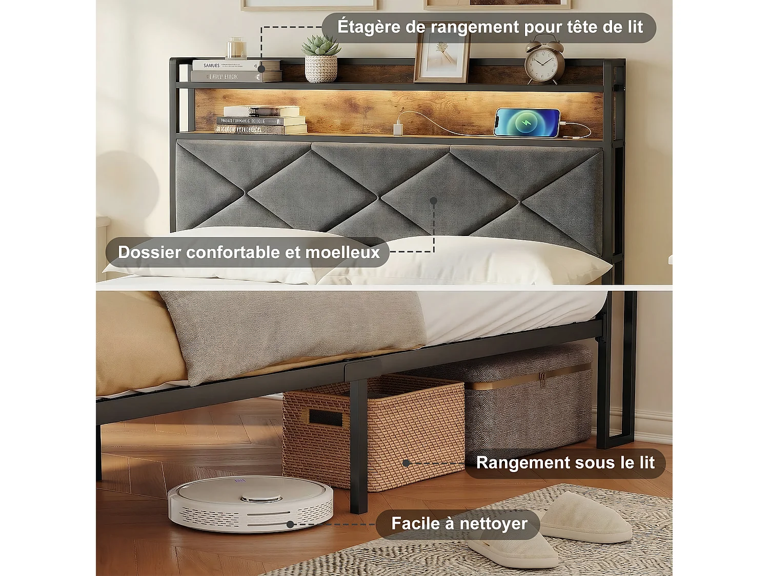 Lit 90x200cm avec éclairage LED et ports USB - tête de lit avec rangement - cadre de lit en métal - lin