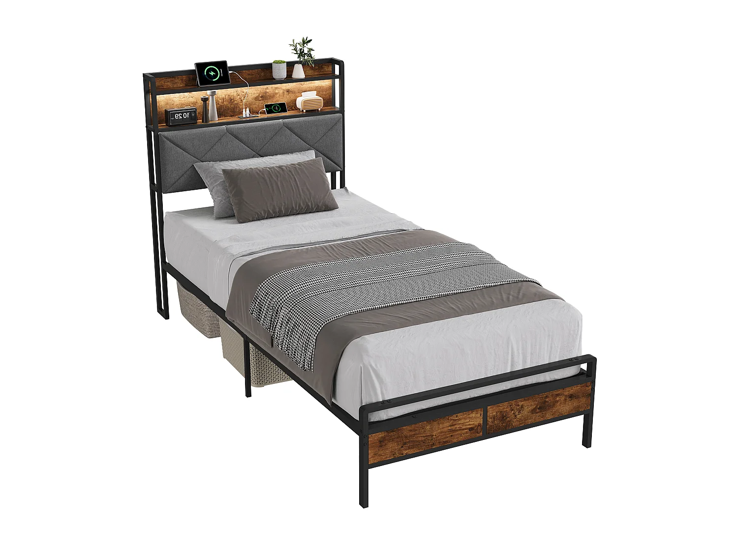 Lit 90x200cm avec éclairage LED et ports USB - tête de lit avec rangement - cadre de lit en métal - lin