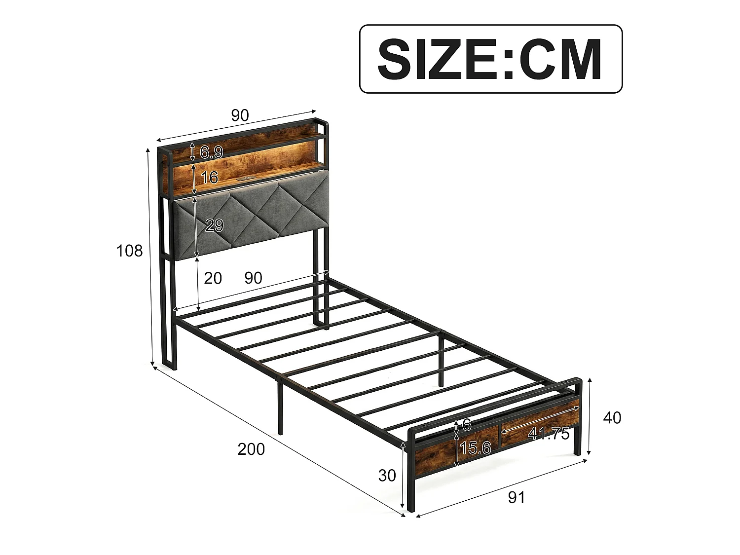 Lit 90x200cm avec éclairage LED et ports USB - tête de lit avec rangement - cadre de lit en métal - lin