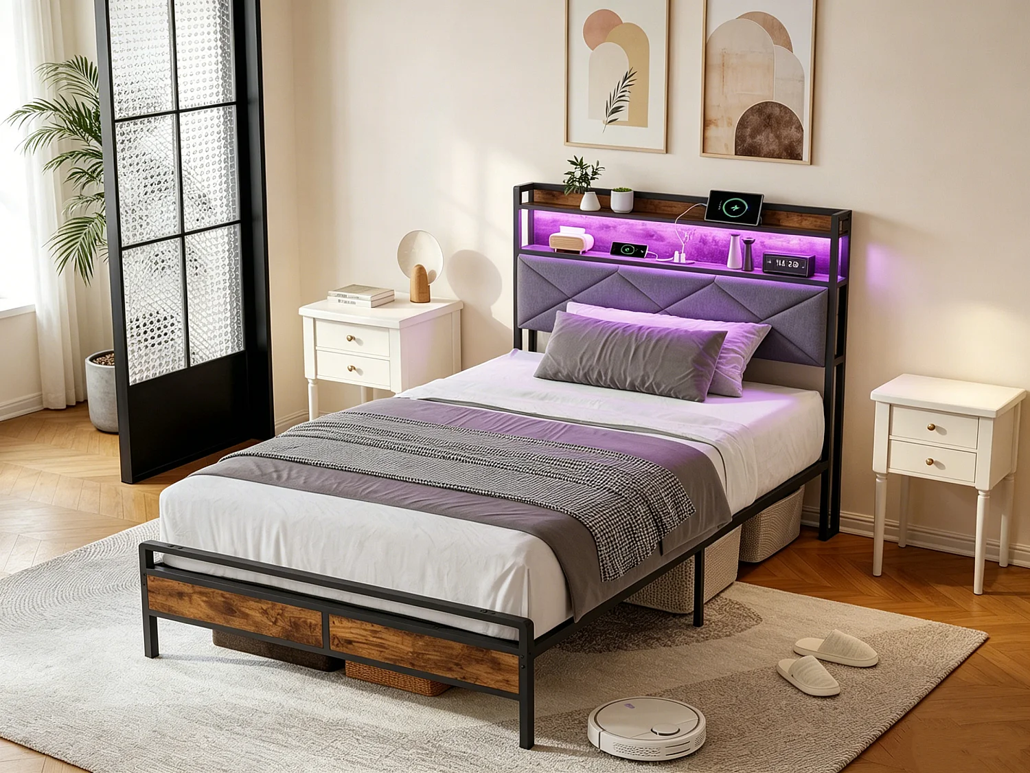 Lit 90x200cm avec éclairage LED et ports USB - tête de lit avec rangement - cadre de lit en métal - lin